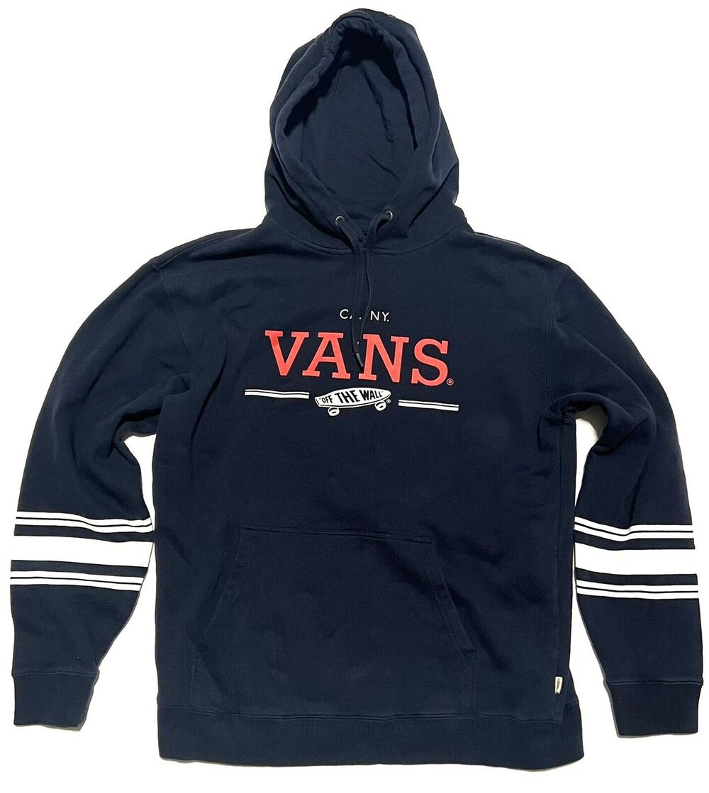 Vans Mens Skateboard Hoodie Sz L Blue White Red CA NY Off The Wall Stripes LRG